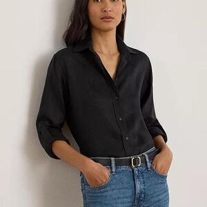 Lauren Ralph Lauren Women's Black Linen Button-Down Shirt